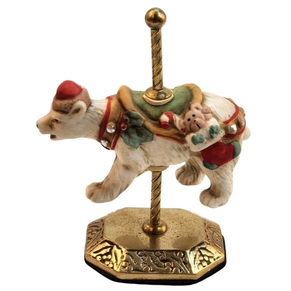 Polar Bear Carousel Christmas Figurine Ceramic Decor On Brass Base by R.O.C. - Picture 2 of 8